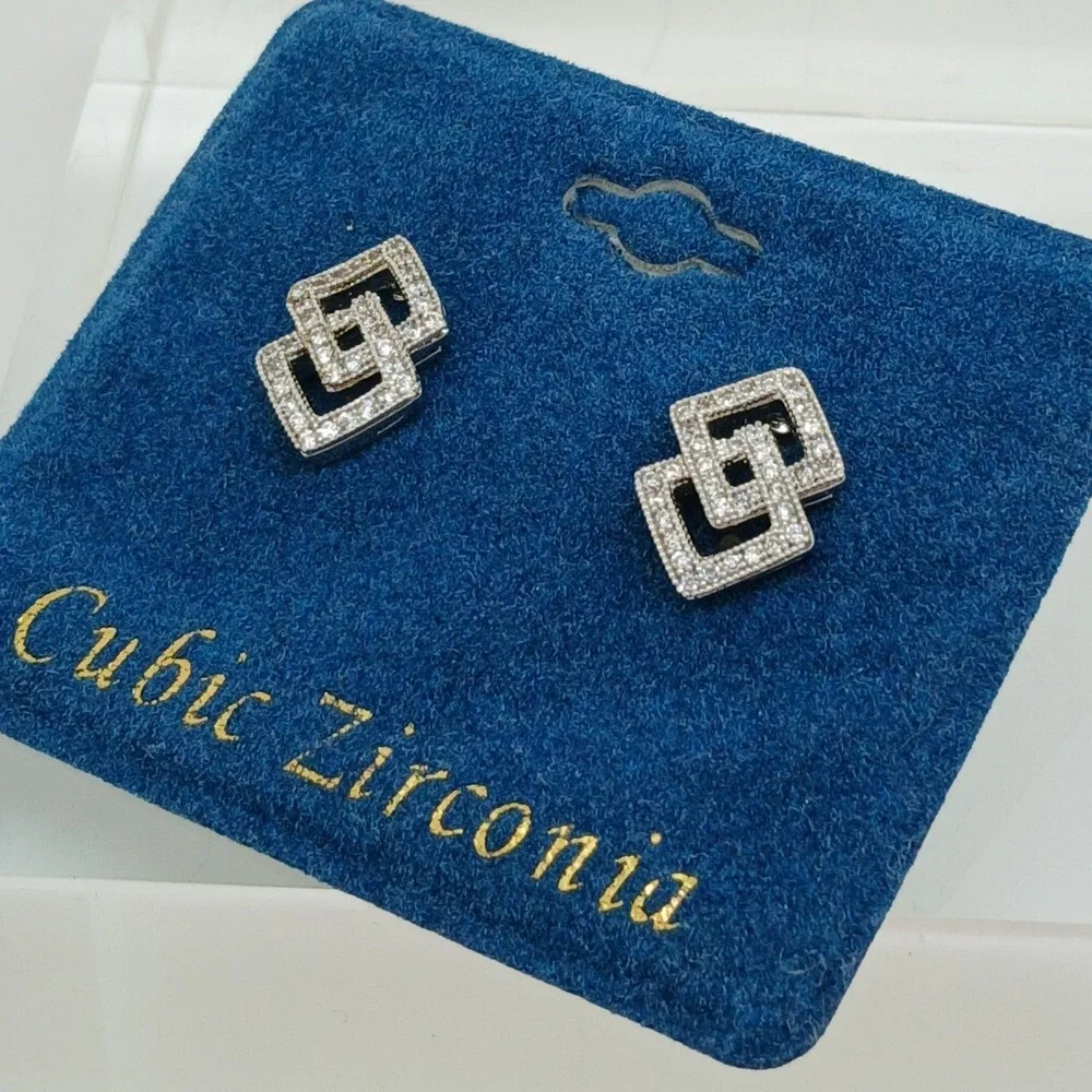 Vintage 1990s‎ Cubic Zirconia Interlocking Square Stud Earrings Silver Tone Rare